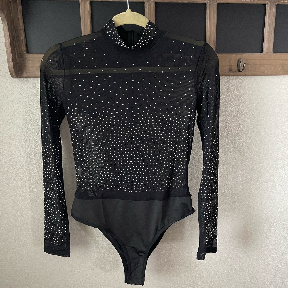 Women's Sheer Mesh Turtleneck Neck See Through Leotard Bodysuit NWOT size Med.
